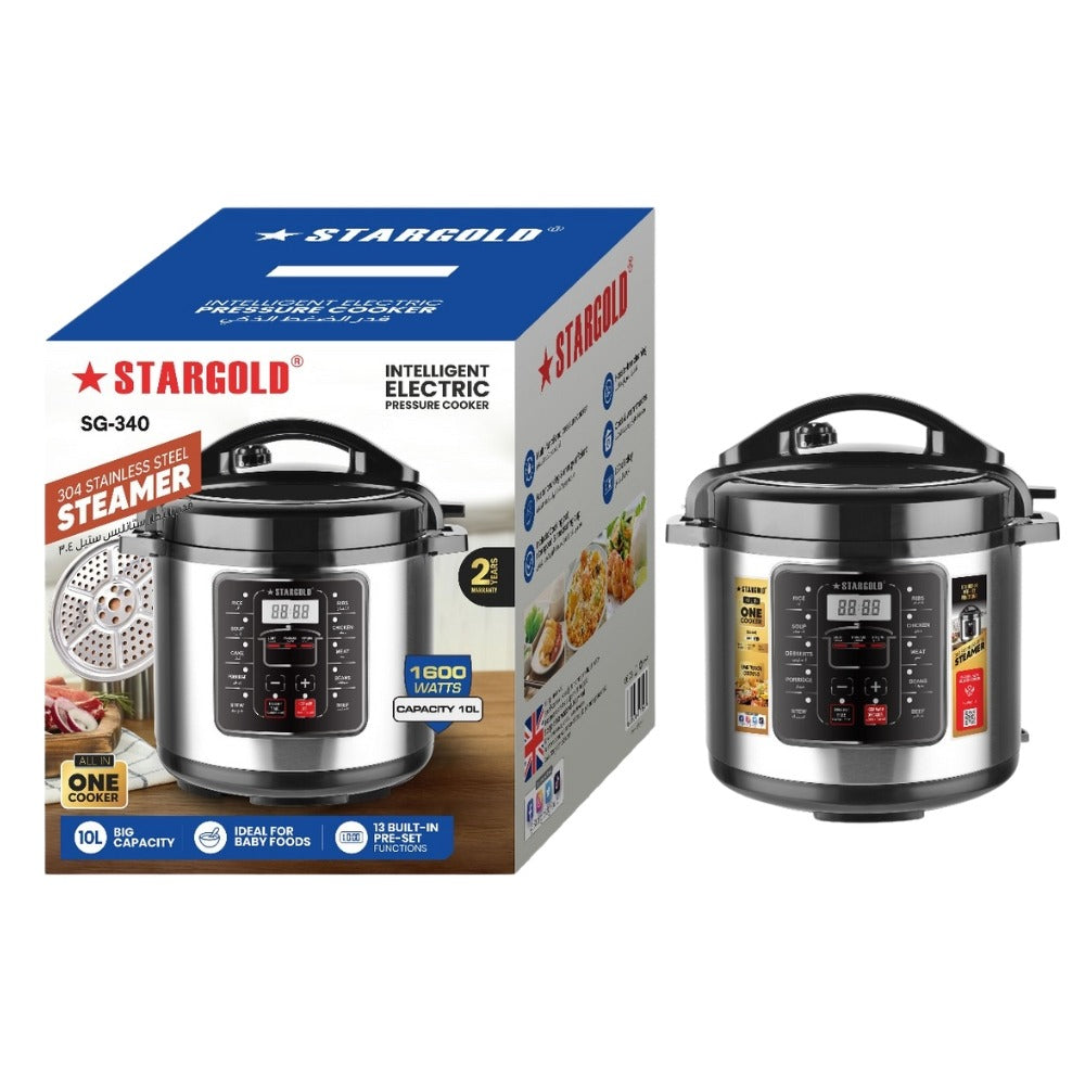 StarGold Stainless Steel Pressure Cooker 1600W 10L - SG-340 - Durable Stainless Steel, Fast Heating, Large Capacity, Safe and Efficient Cooking