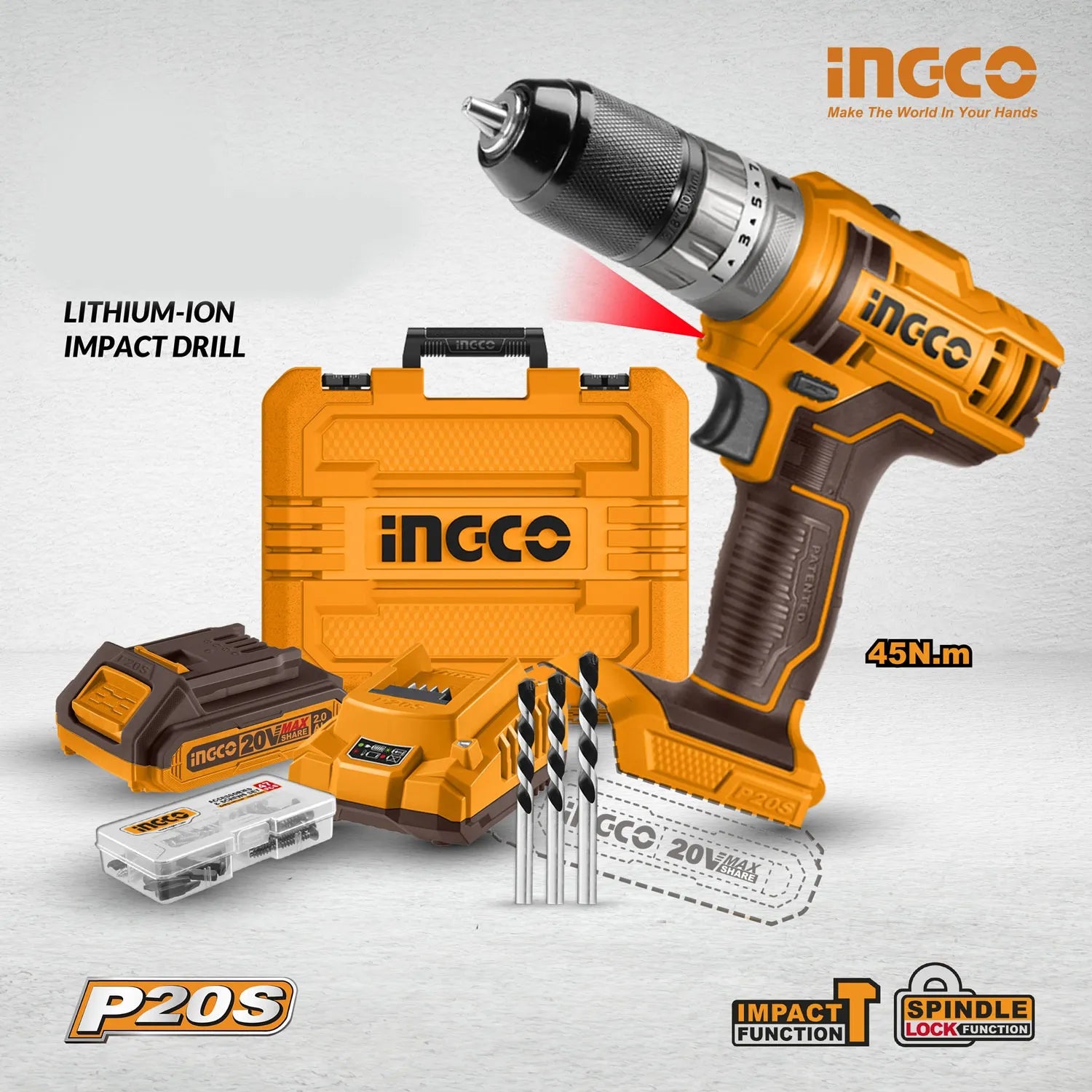 Ingco Cordless Lithium-Ion Impact Drill With 2 Pcs 20V Batteries 2.0AH and Fast Charger - CIDLI201452