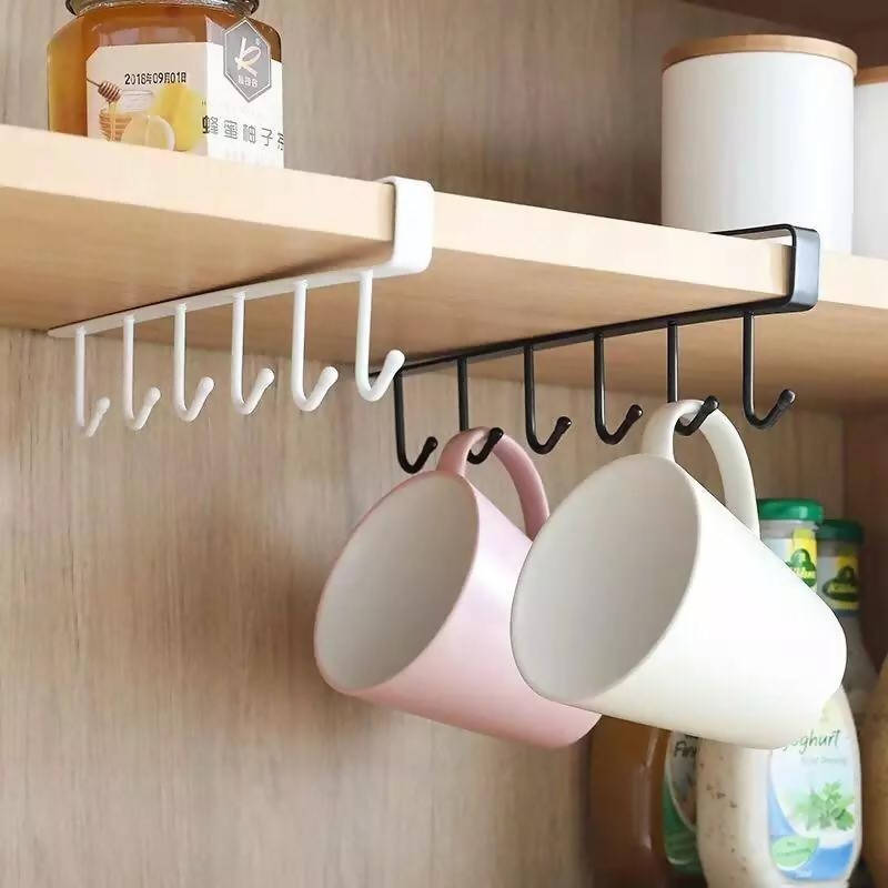 New Iron 6 Hooks Storage Shelf Metal Under Shelf Mug Cup Cupboard Kitchen Organiser Hanging Rack Holder Wardrobe Cabinet Hook