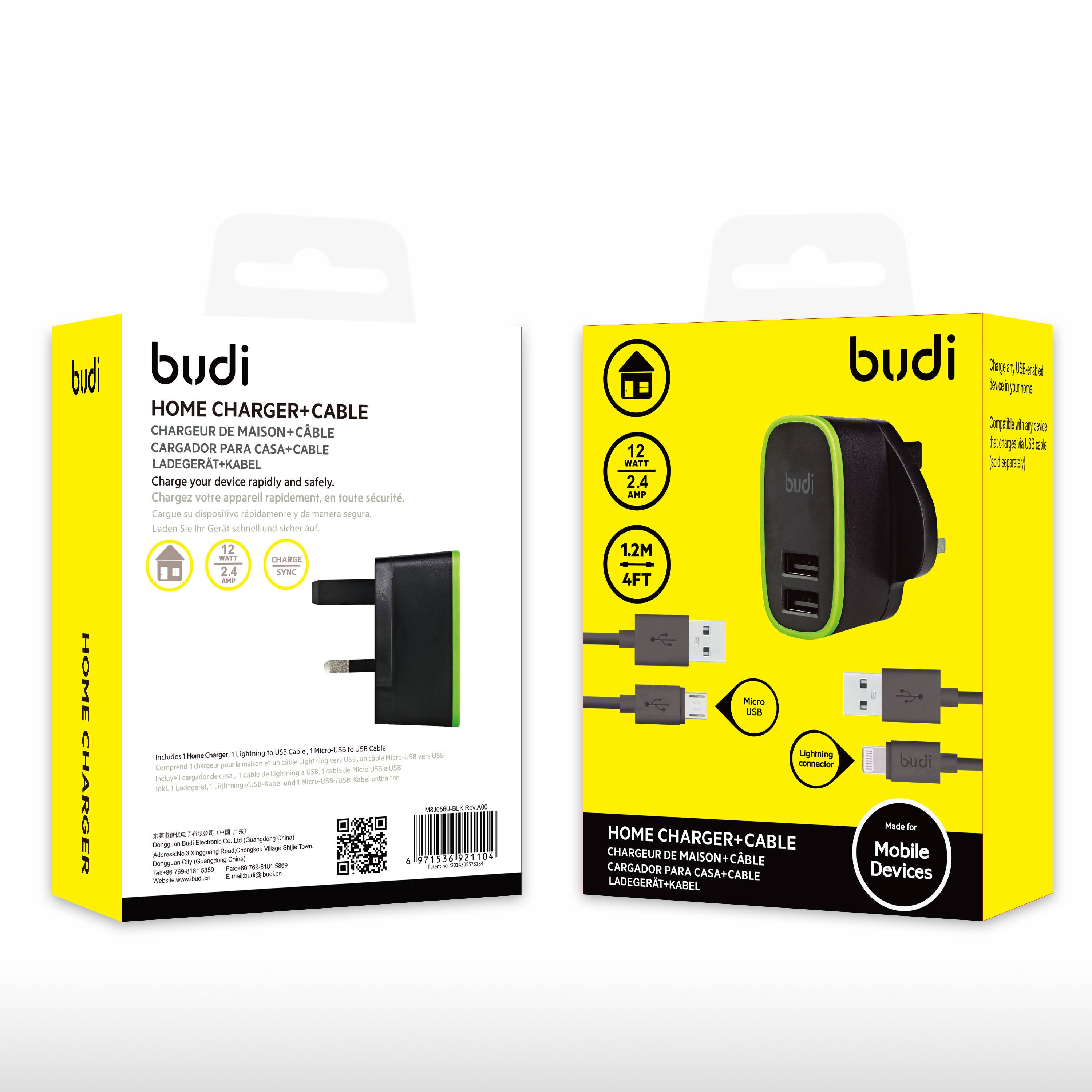 Budi 12W Fast Home Charger Lightning USB Cable Black