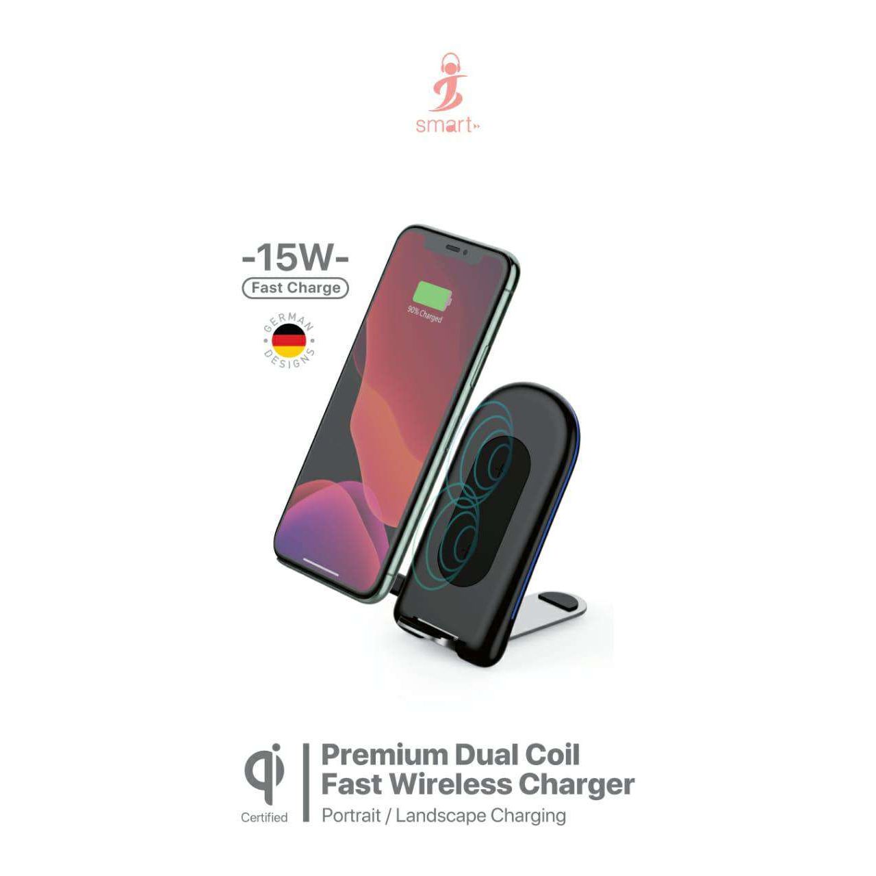 Smart Premium Dual Coil Versa Fast Wireless Charger 15W Black