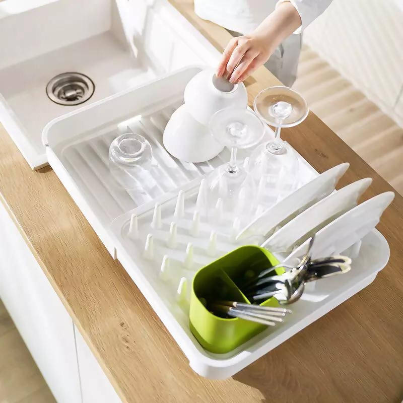 Wet and dry dual purpose simple Japanese style retractable shelf classified storage kitchen dish drain rack