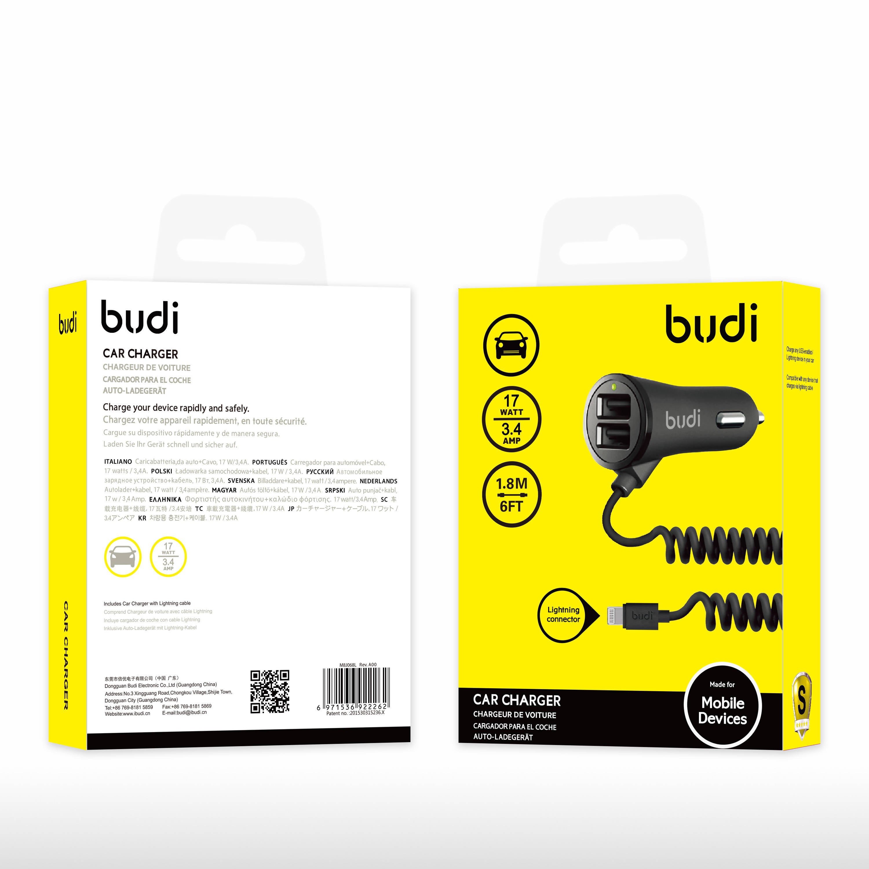 Budi 2 USB 17 Watt Car Charger iPhone Lightning with Cable Black