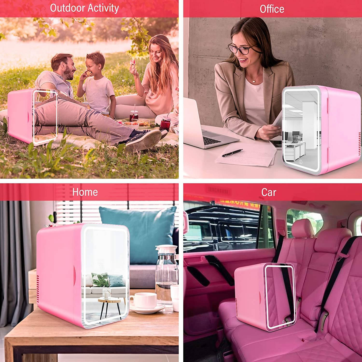 Cooseon Mini Fridge Portable Mirrored Beauty Fridge With LED Lighting AC DC Portable Beauty Fridge Pink