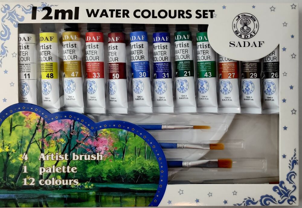 Sadaf Water Colours Set Of 12 Colours 4 Artist Brushe  1 Palette