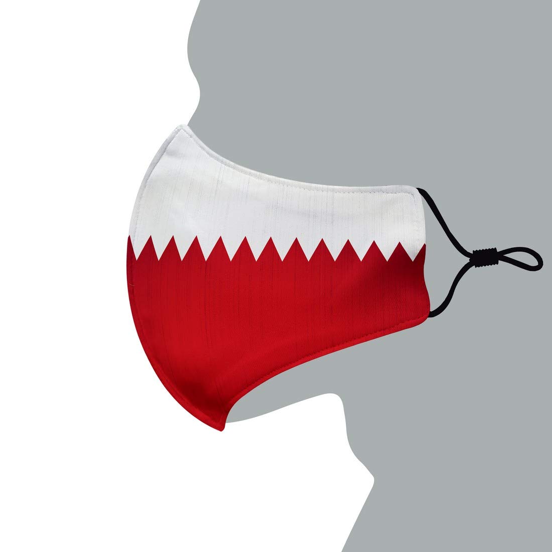 Stylized Designer Face Mask (Large). Reusable, washable, and breathable 2-layer protective face cover for men and women. Adjustable ear loops and a flag of Bahrain design. Ideal for outdoor use.