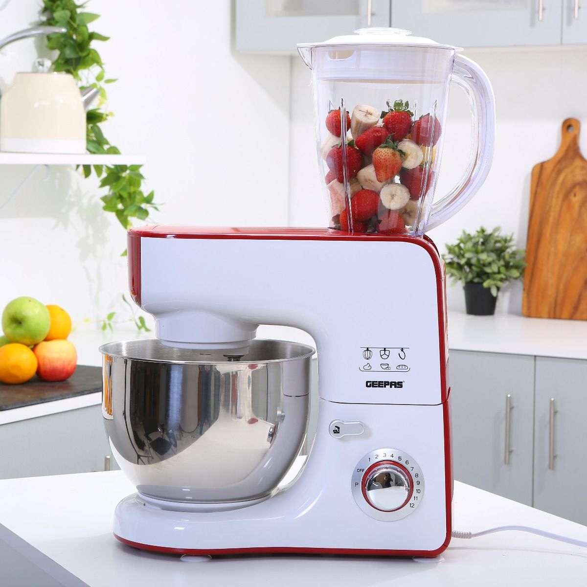 Geepas 5.5L 5 In 1 Stand Mixer With 10 Speed Control White & Red | Kitchen Appliances | Halabh.com