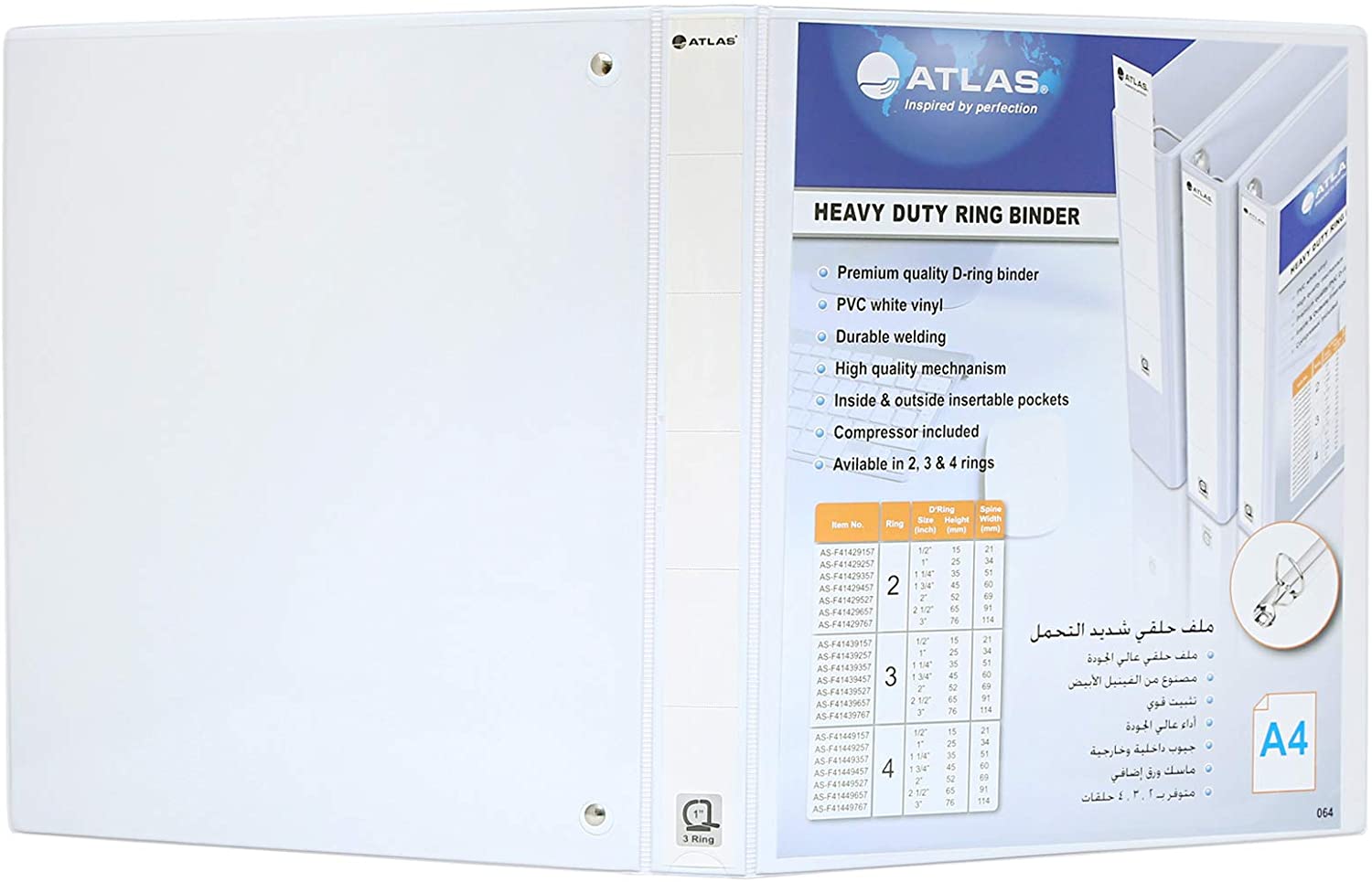 Atlas A4 Size 4 Ring Binder White 35 mm