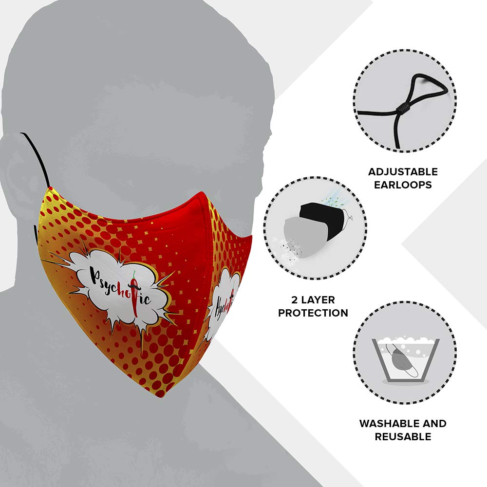 Stylized Designer Face Mask (Large). Reusable, washable, and breathable 2-layer protective face cover for men and women. Adjustable ear loops and a flag of Bahrain design. Ideal for outdoor use.