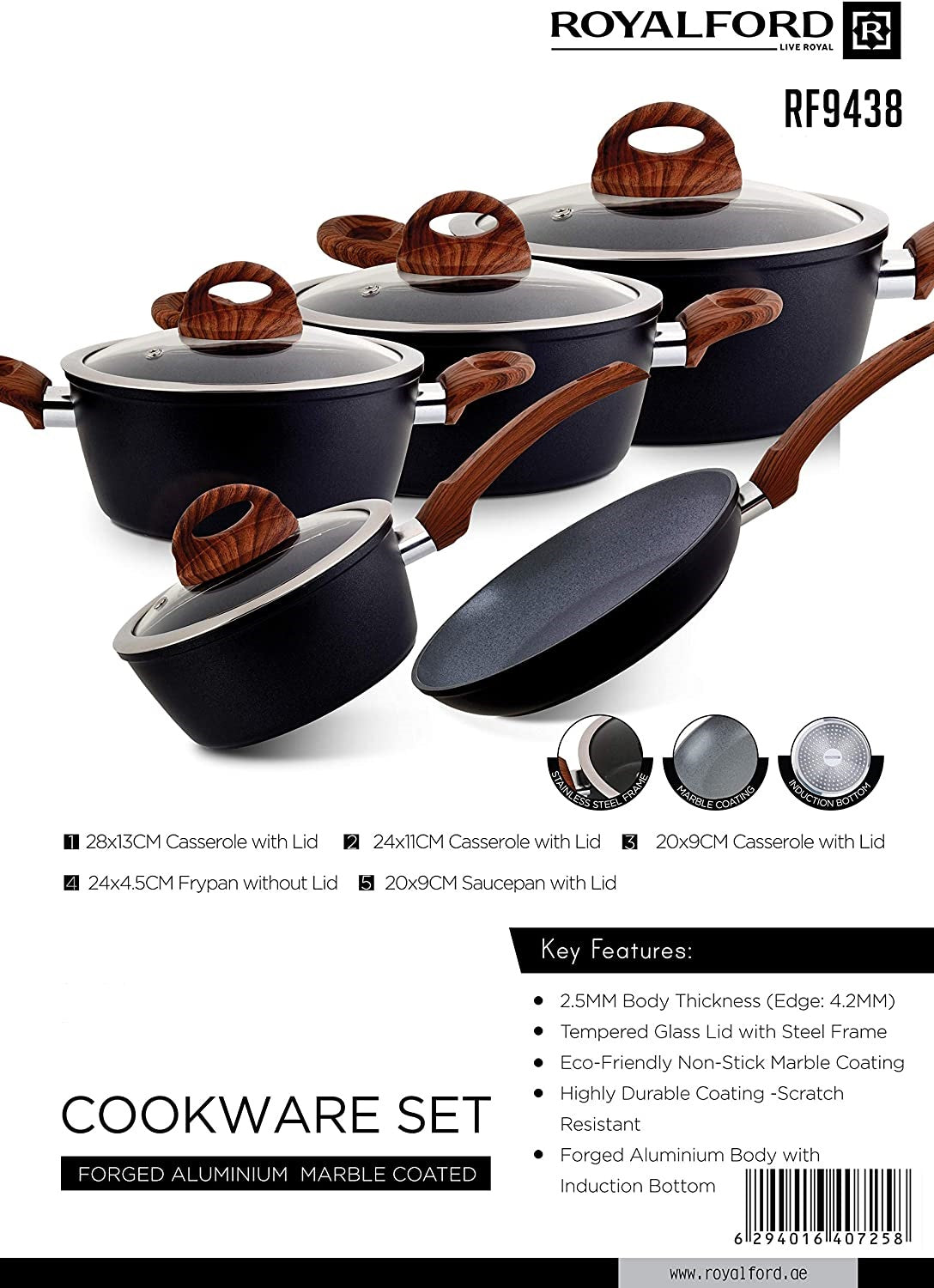 Royalford Aluminum Monarch Cookware Set MultiColour 10 Pieces