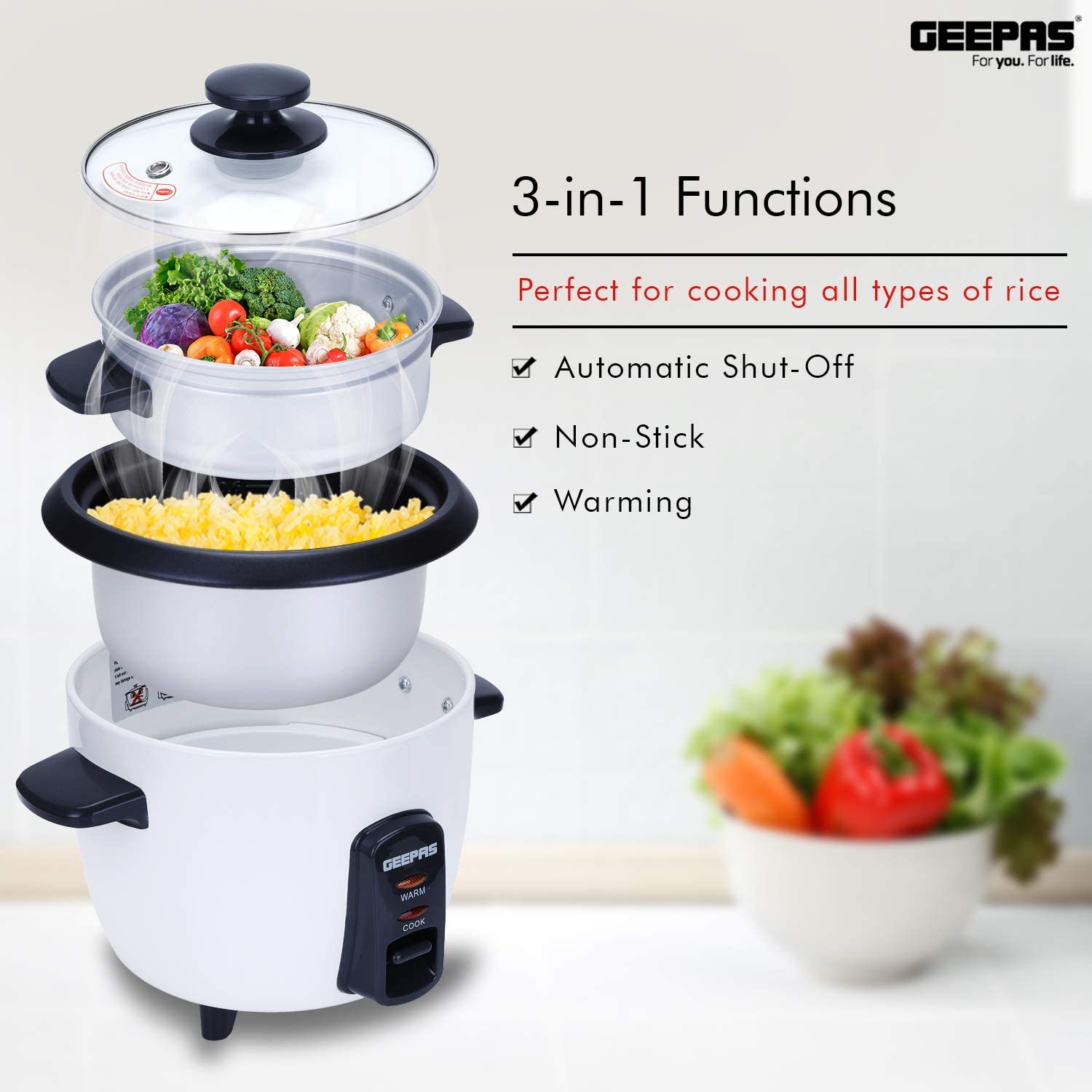 Geepas1.5L Rice Cooker Steamer With Non Stick Cooking Pot 500W