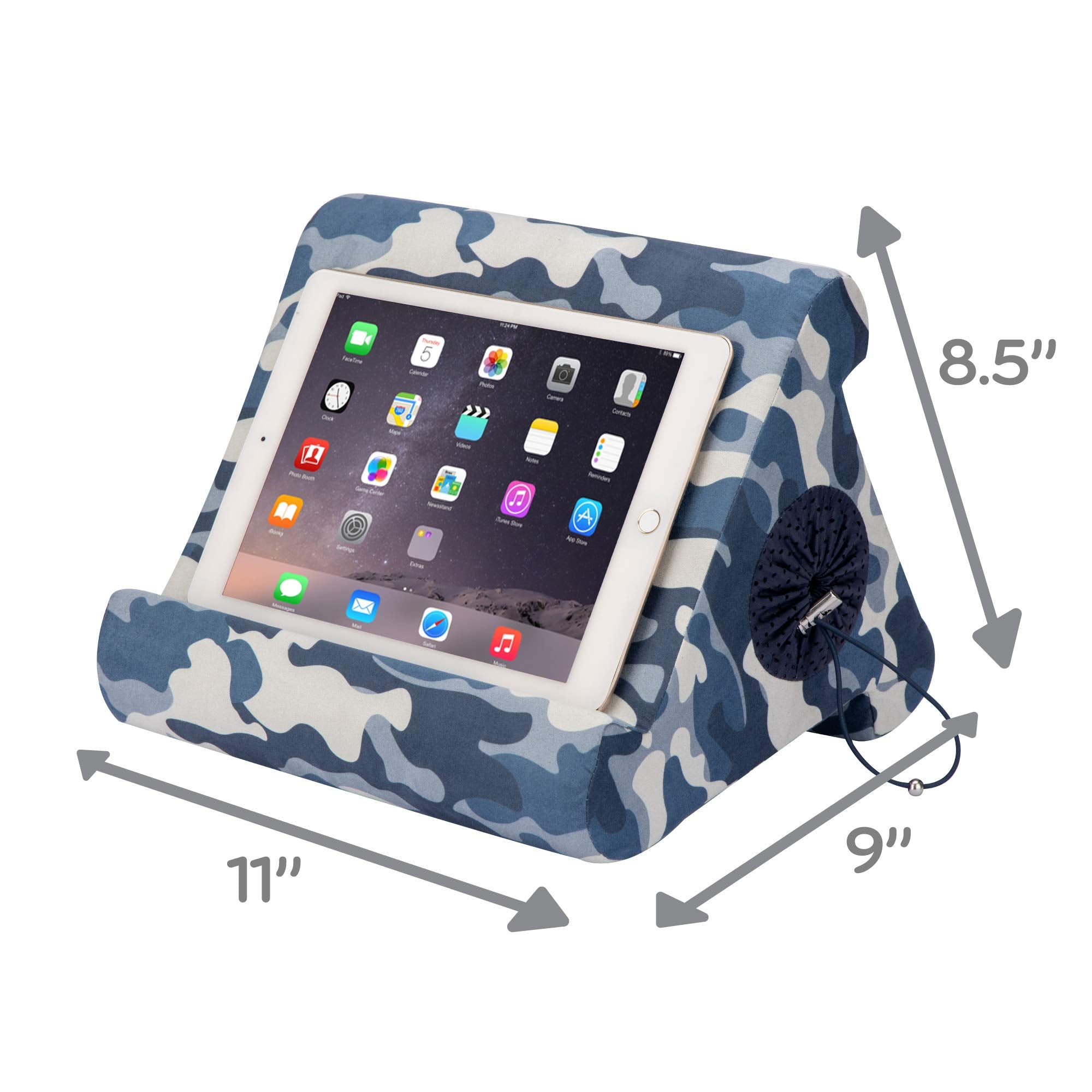 Flippy with New Storage Cubby Multi-Angle Soft Pillow Lap Stand for iPads, Tablets, eReaders, Smartphones, Books, Magazines (Blue Camou)