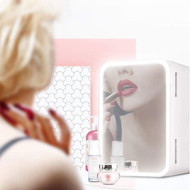 Cooseon Mini Fridge For Beauty Accessories With Led Light Mirror 8L White