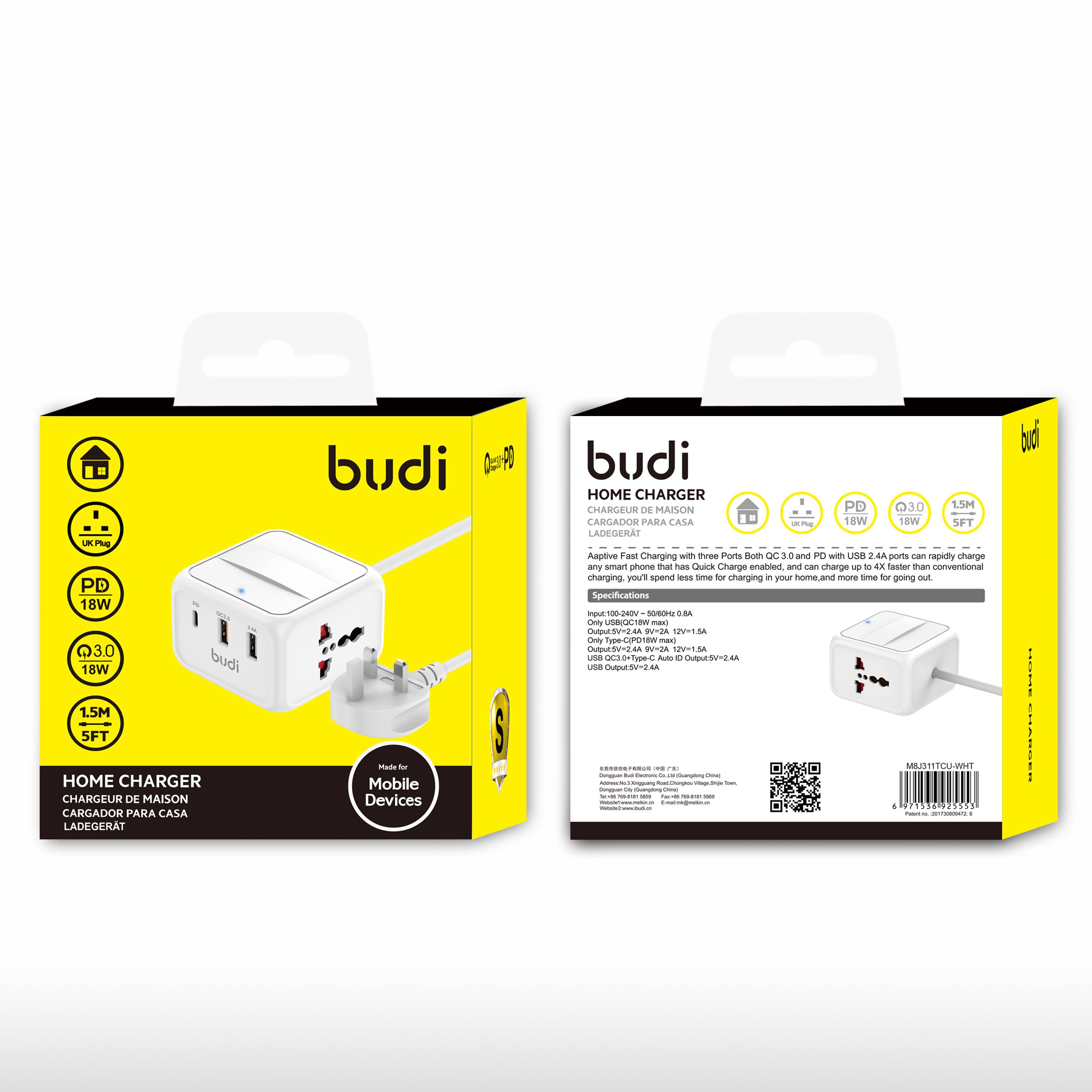 Budi 24Watt 4.8A 2USB Port Type C Fast Home Charger 1.8M White