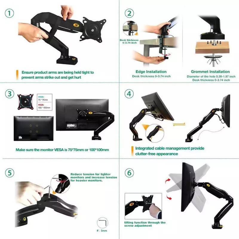 F80 Monitor Desk Mount Stand 17-27" Computer Monitor Holder Arm Gas Spring Full Motion Flexible TV Monitor Mount Loading 2-6.5kg