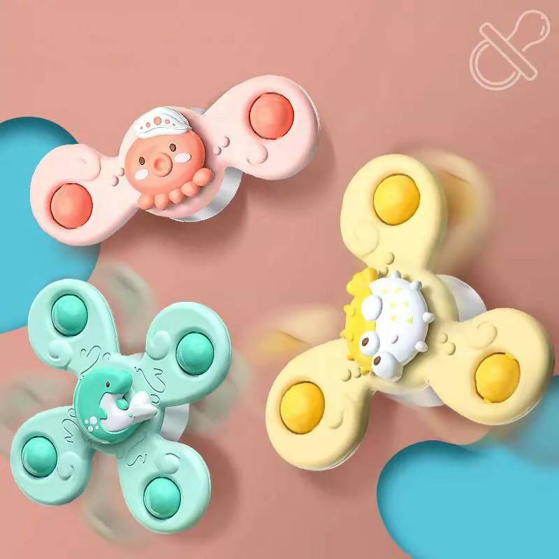 3 PCS Montessori Baby Spin Top Bath Toys for Boy Children Bathing Sucker Spinner Cartoon Suction Cup Baby Rattles Teether Toy Gift