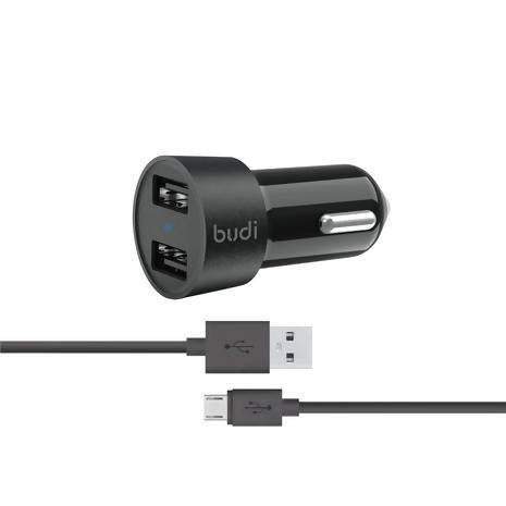 Budi 622M 2 USB 24Watt Car Charger Micro To USB With Cable Black & White