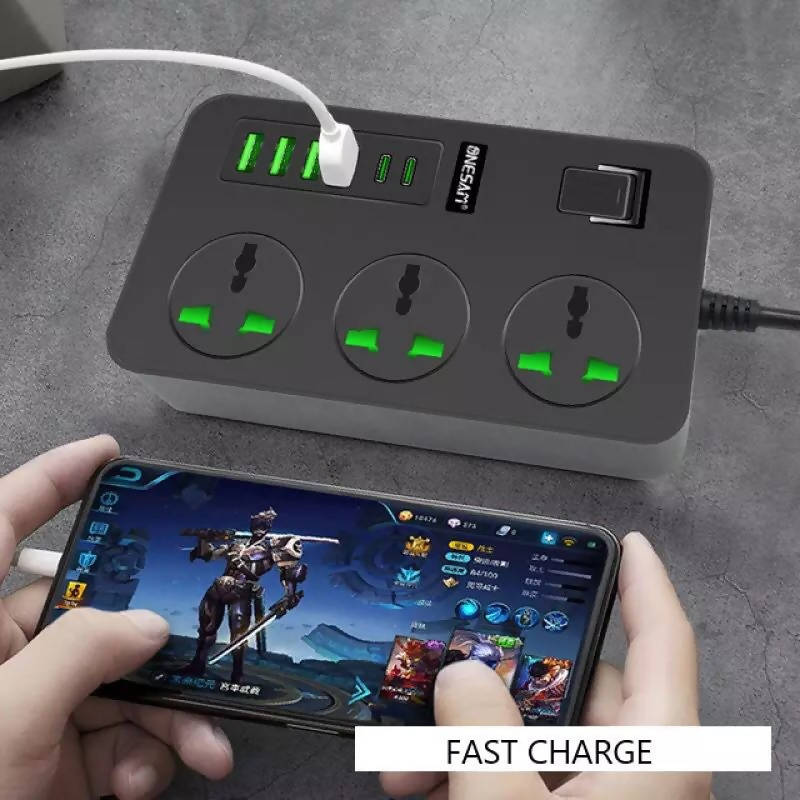 3 Ports 2 PD Type C 4 USB Fast Charger 2.1A 5V 3000W Universal Outlets Power Strip for Residential Commercial 2M