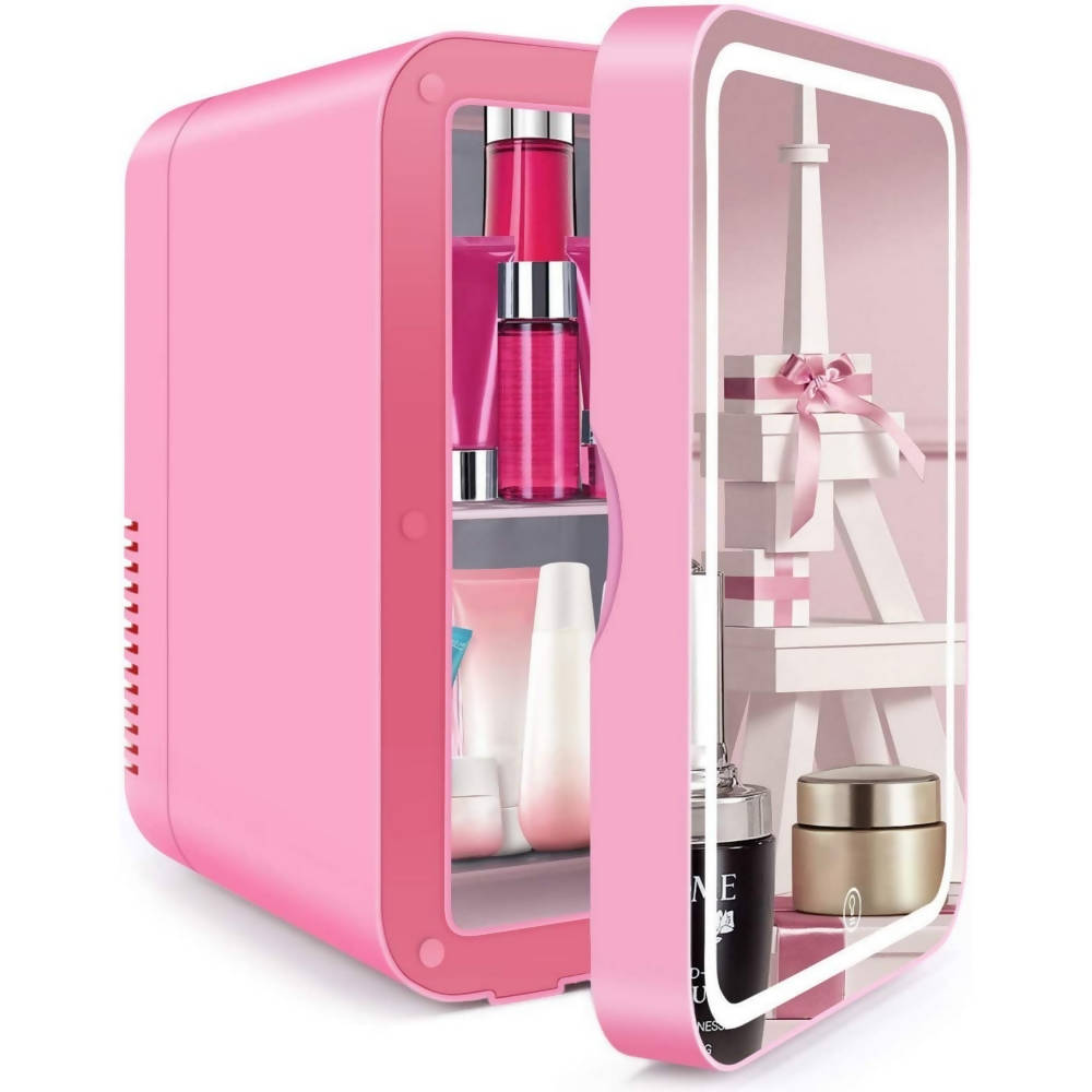 Cooseon Mini Fridge For Beauty Accessories With Led Light Mirror 8L Pink