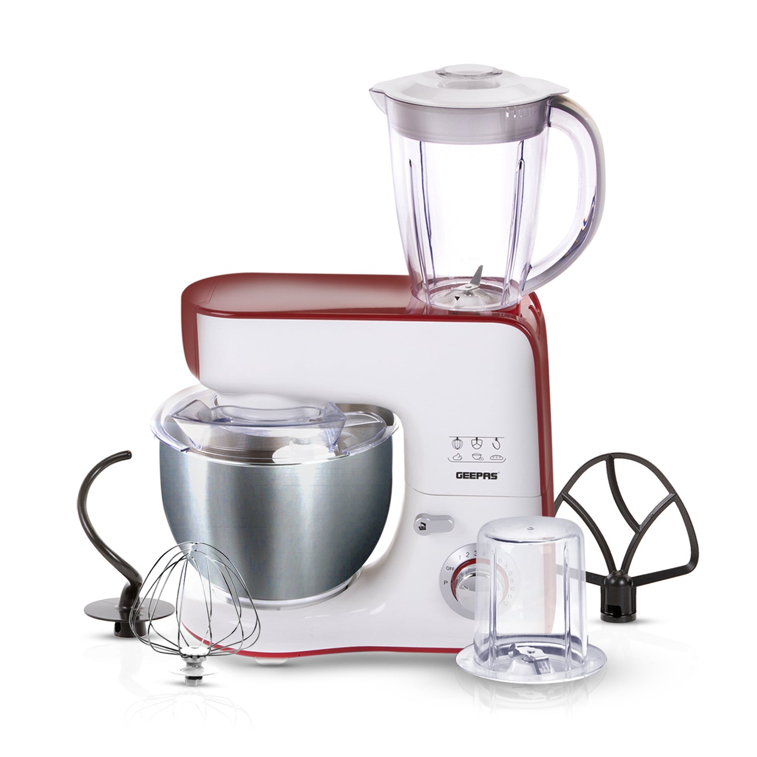 Geepas 5.5L 5 In 1 Stand Mixer With 10 Speed Control White & Red | Kitchen Appliances | Halabh.com