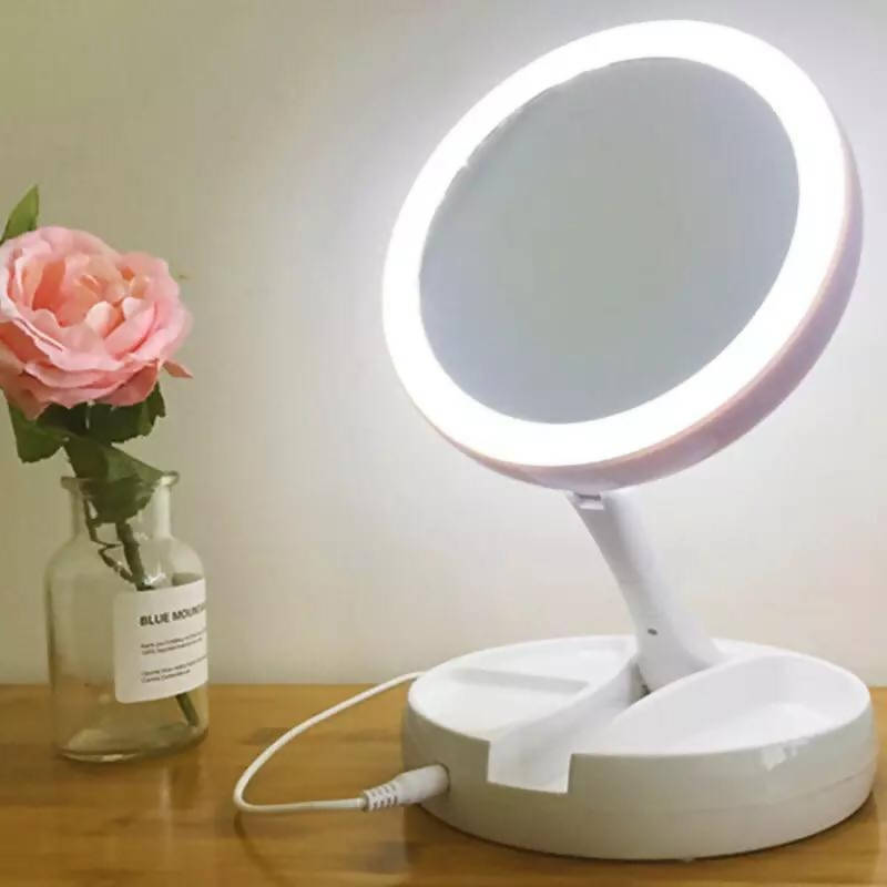 Lieve Foldable LED Cosmetic Mirror with Light Portable 360 Rotating Beauty Three-Fold Double-Sided Vanity Counter Table Lamp