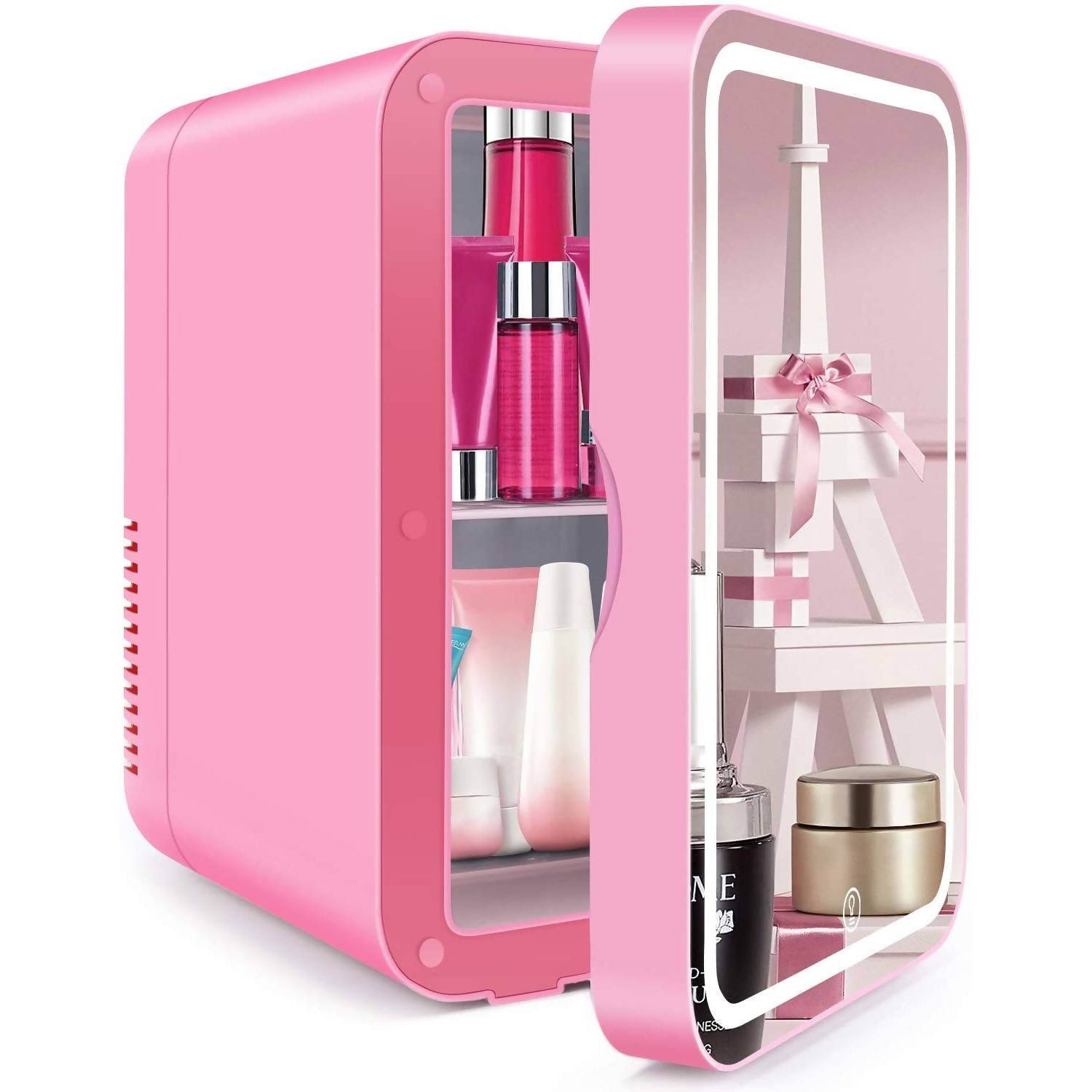 Cooseon Mini Fridge Portable Mirrored Beauty Fridge With LED Lighting AC DC Portable Beauty Fridge Pink