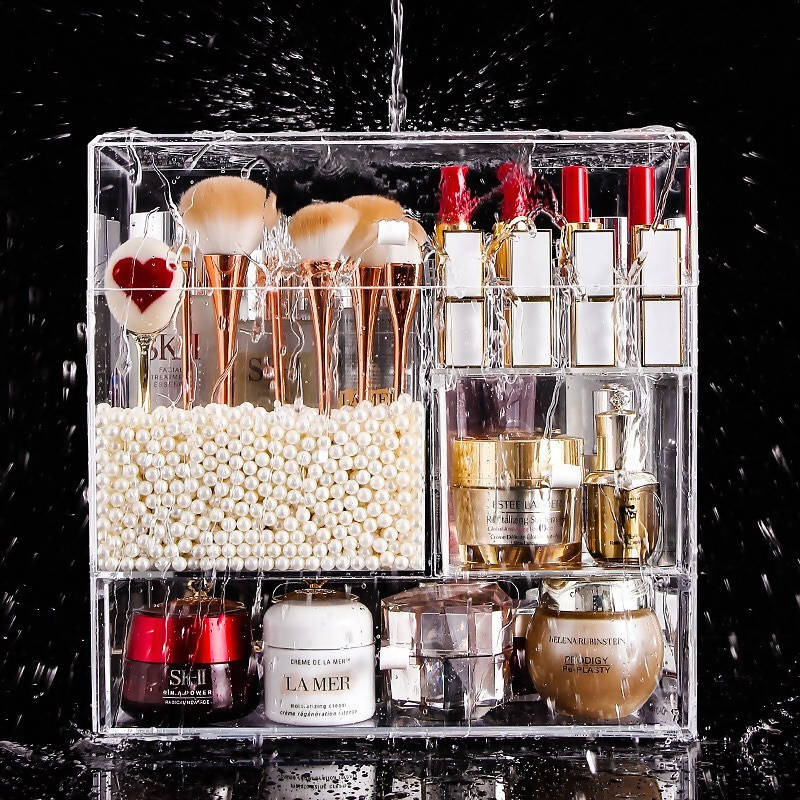 MOOCHI Makeup Organizer With Pearls Display Case For Brushes Lipsticks Skin Care Jewelry