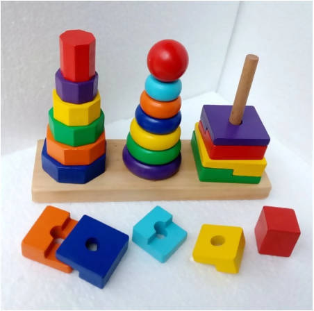 Ootdty Children Educational Toys Three Pillar Rainbow Building Set Wooden Three Column Tower Girls Boys Puzzle Toy