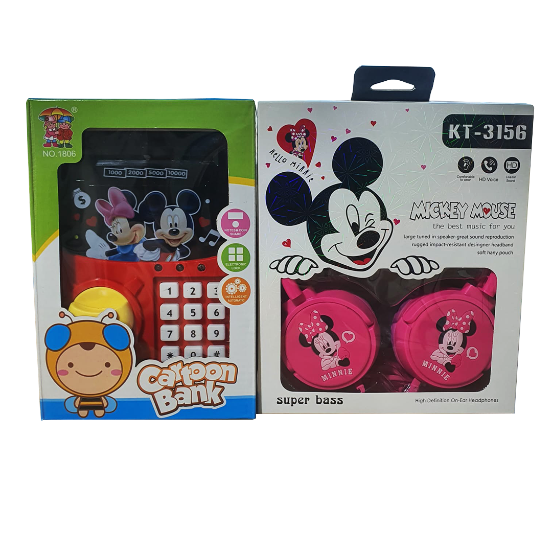 Micki Mouse Cartoon Money Bank & Micki Mouse Music Stereo HeadPhones - Bundle Offer