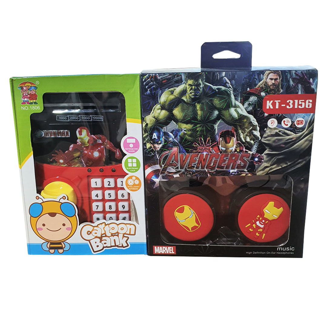 Iron Man Cartoon Money Bank & Avengers Music Stereo HeadPhones - Bundle Offer