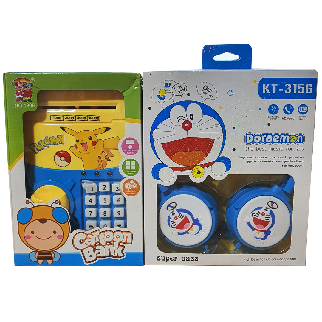 Pokemon Cartoon Money Bank & Doraemon Music Stereo HeadPhones - Bundle Offer