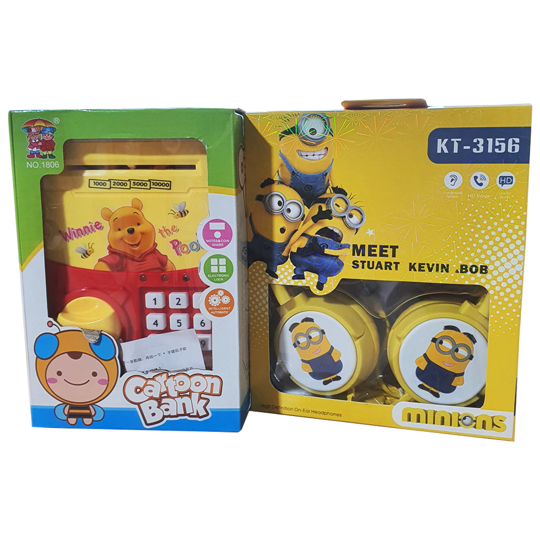 Winnie the Poo Cartoon Money Bank & Minions Music Stereo HeadPhones - Bundle Offer