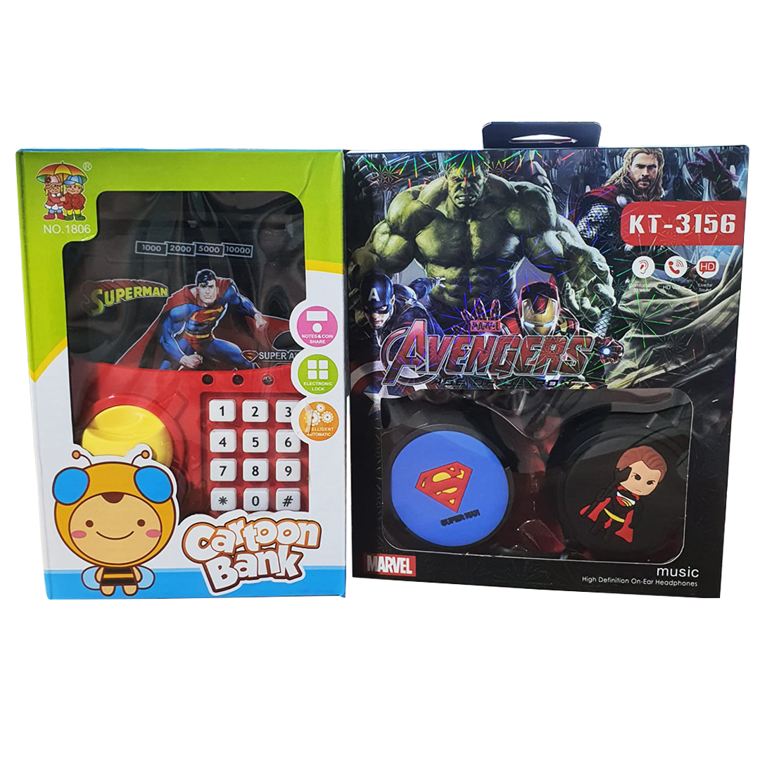 Superman Cartoon Money Bank & Avengers Music Stereo HeadPhones - Bundle Offer