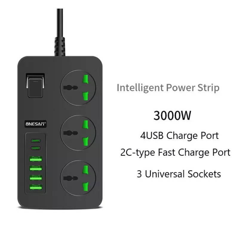 3 Ports 2 PD Type C 4 USB Fast Charger 2.1A 5V 3000W Universal Outlets Power Strip for Residential Commercial 2M