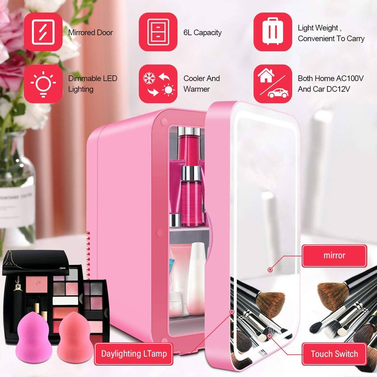 Cooseon Mini Fridge Portable Mirrored Beauty Fridge With LED Lighting AC DC Portable Beauty Fridge Pink