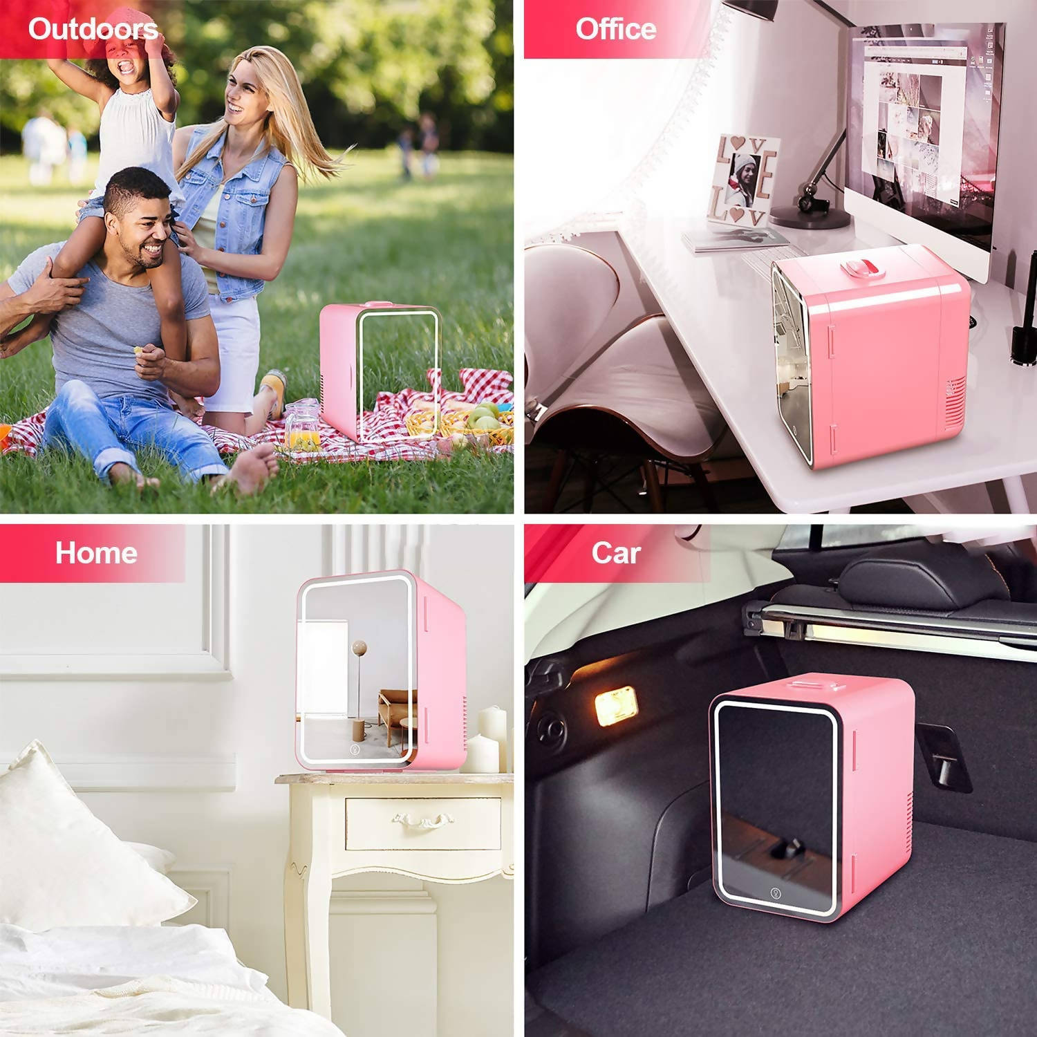 Cooseon Mini Fridge For Beauty Accessories With Led Light Mirror 8L Pink