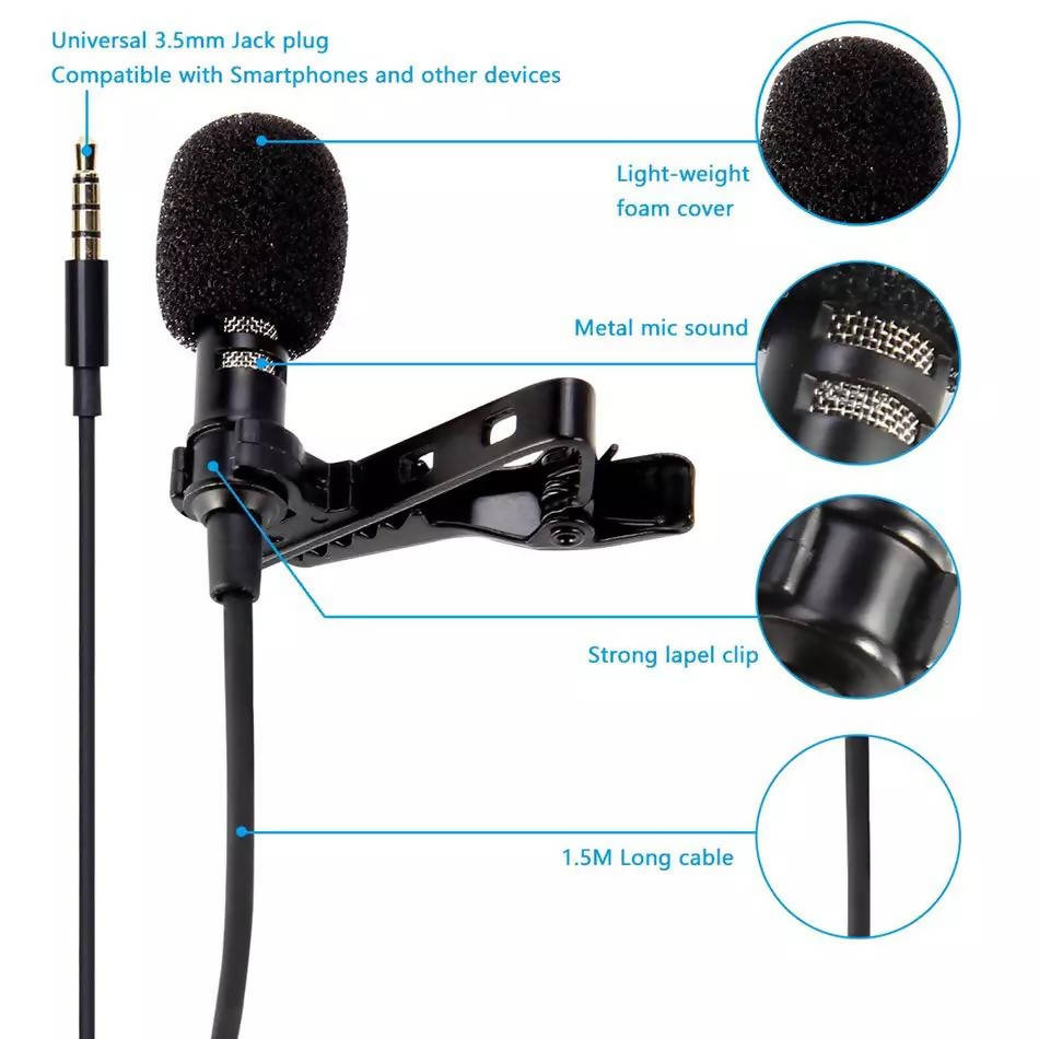 Portable Clip-on Lapel Lavalier Microphone 3.5mm Jack Hands-free Mini Wired Condenser Microphone