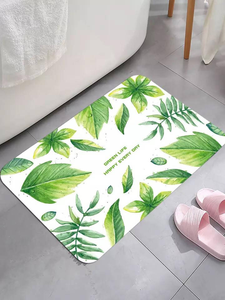 Green Leaf Design Print Bath Rug