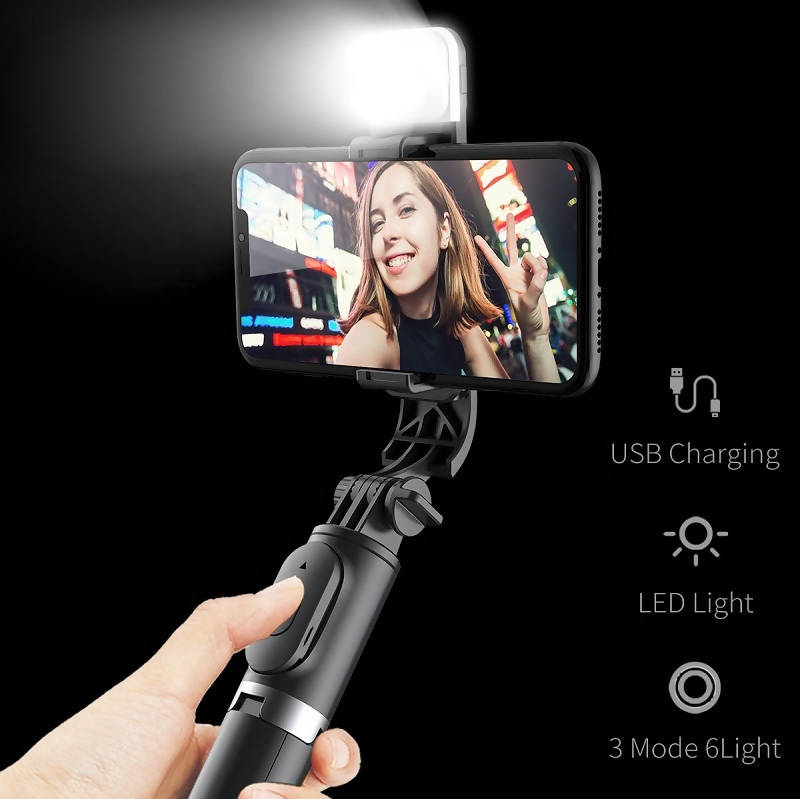 Amazlife Q02s Wireless Remote Control Selfie Stick With LED Fill Light For Smartphone