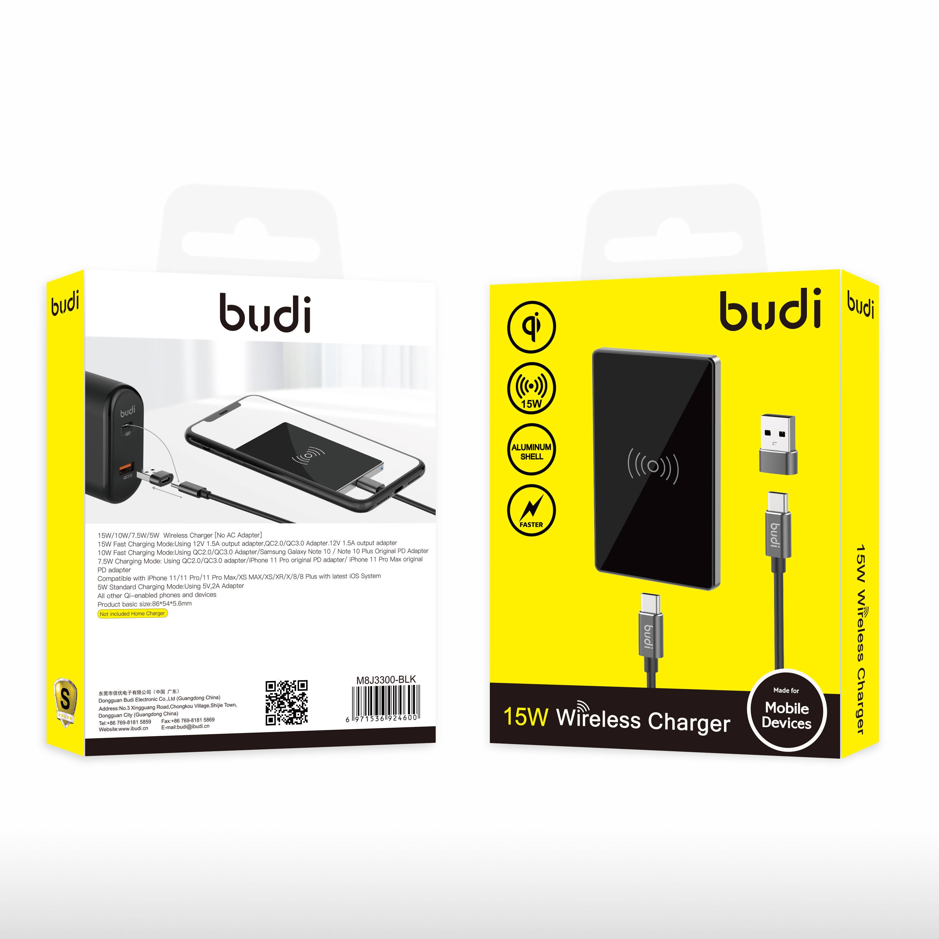 Budi 3300 15W Wireless Fast Charger Black