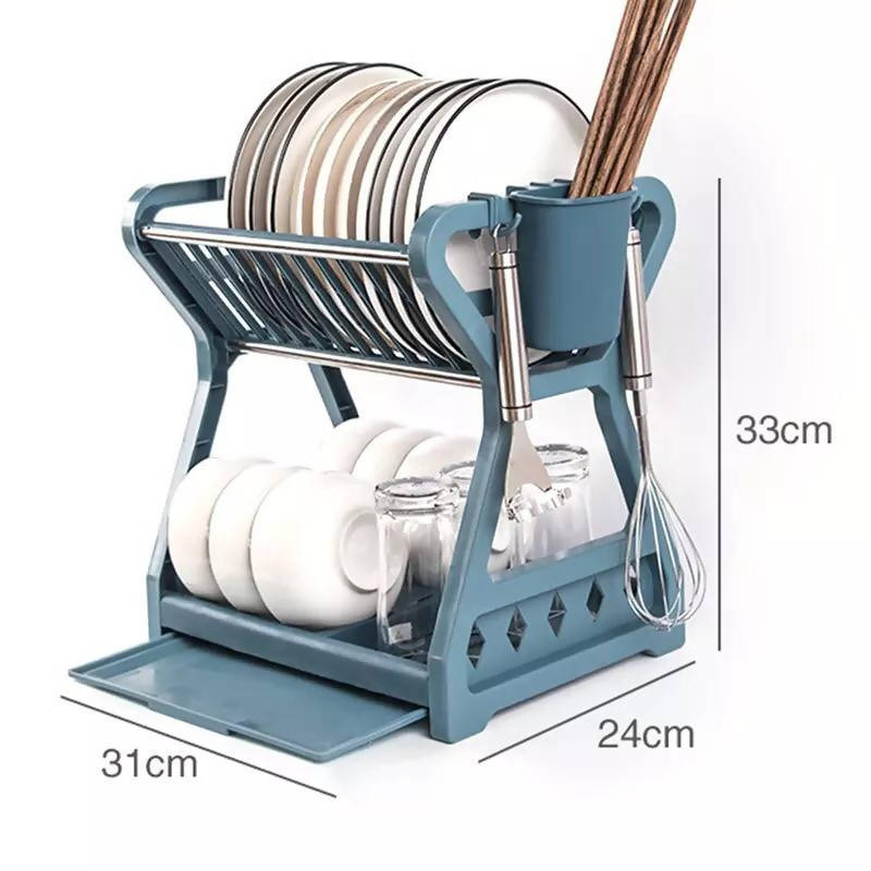 Double-Layer Kitchen Dish Bowl Draining Storage Rack Basket with Chopstick Cage Storage Shelf Drying Stand Draining