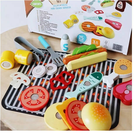 Qwz Kids Wooden Kitchen Toy Stimulation Induction Cooker Burger Barbecue Salad Series Children Play House Cooking Pretend Play Set