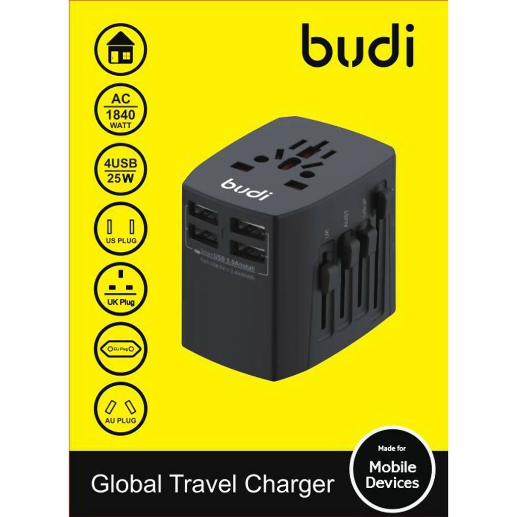 Budi 4 USb Charger With Socket Global Travel Charger 1840W Black