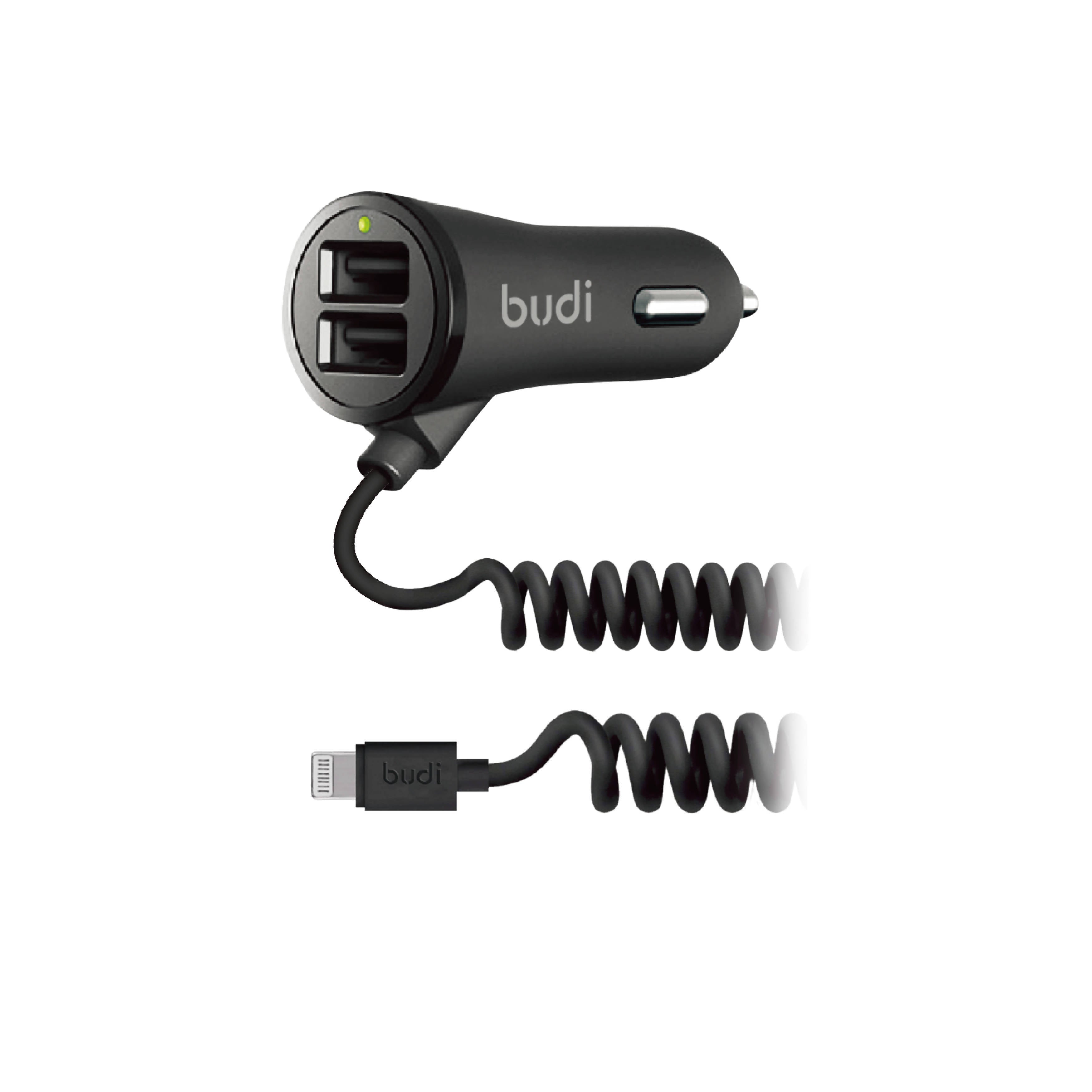 Budi 2 USB 17 Watt Car Charger iPhone Lightning with Cable Black