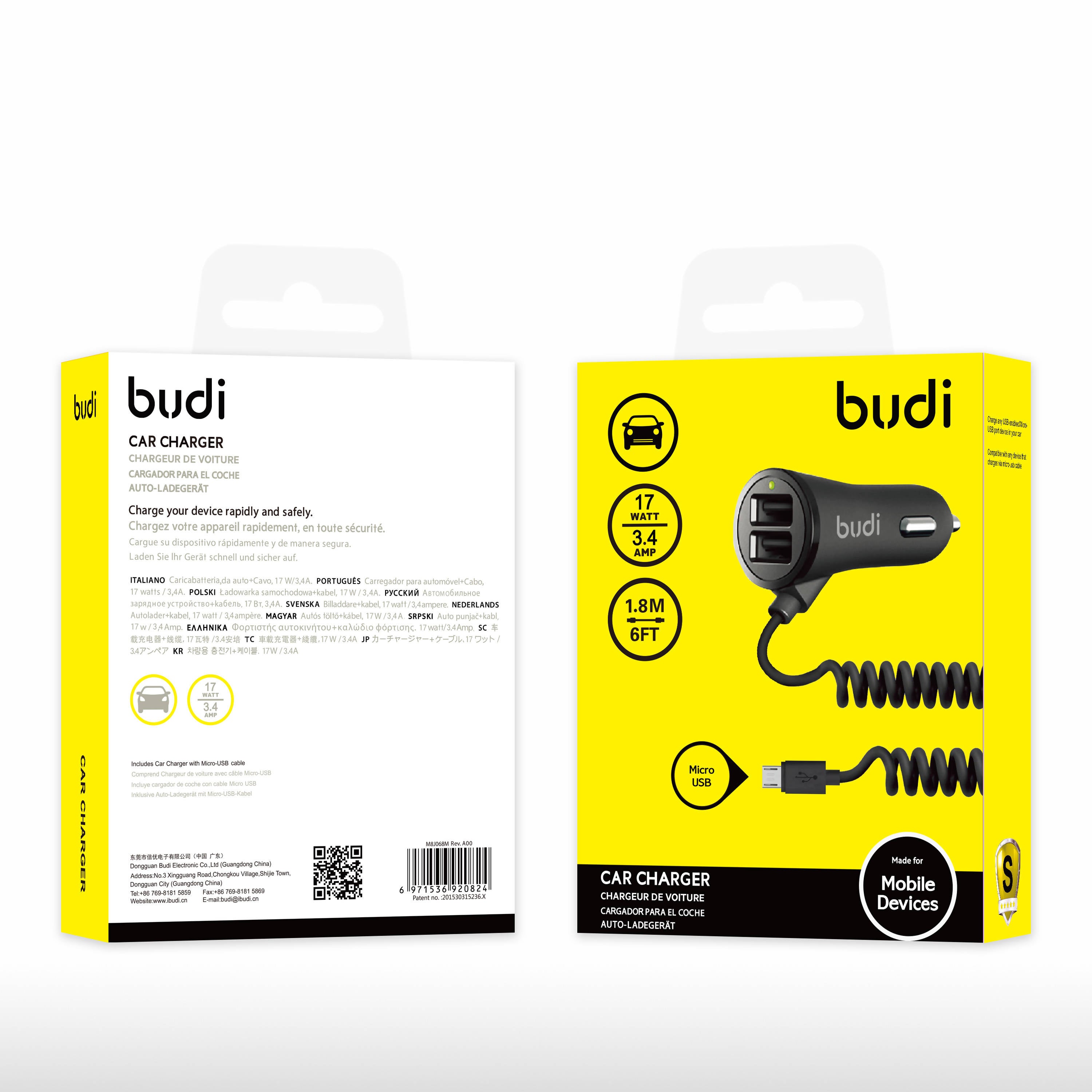 Budi USB 17 Watt Car Charger Micro USB with Cable Black