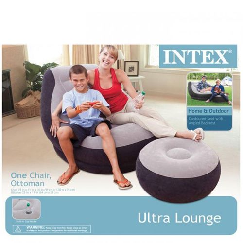 Intex Ultra Lounge Inflatable Flocked Air Sofa Chair Ottoman Grey & Black 51 x 39 x 30