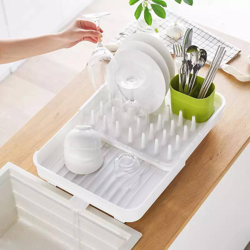 Wet and dry dual purpose simple Japanese style retractable shelf classified storage kitchen dish drain rack