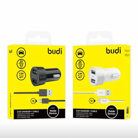 Budi 622M 2 USB 24Watt Car Charger Micro To USB With Cable Black & White