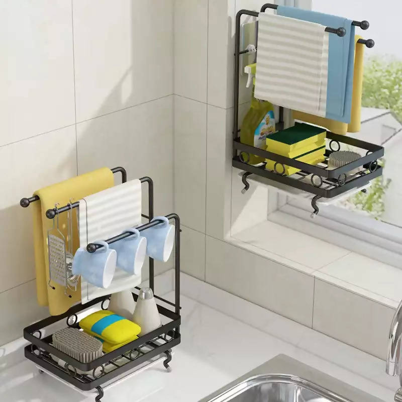 Multipurpose Carbon Steel Kitchen Sink Caddy Organizer Coutertop Adhesive Rag Sponge Holder with Draining Plate