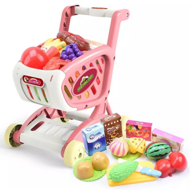 14Pcs/Set Kids Supermarket Shopping Groceries Cart Trolley Toys for Girls Kitchen Play House Simulation Fruits Pretend Baby Toy